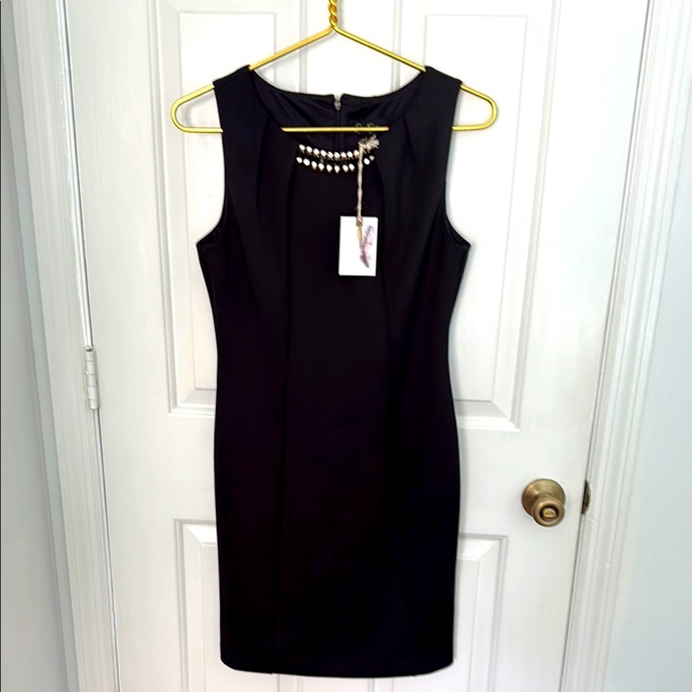 NEW Jessica Simpson Black Stretch Midi Scuba Dress with Embellished Neckline